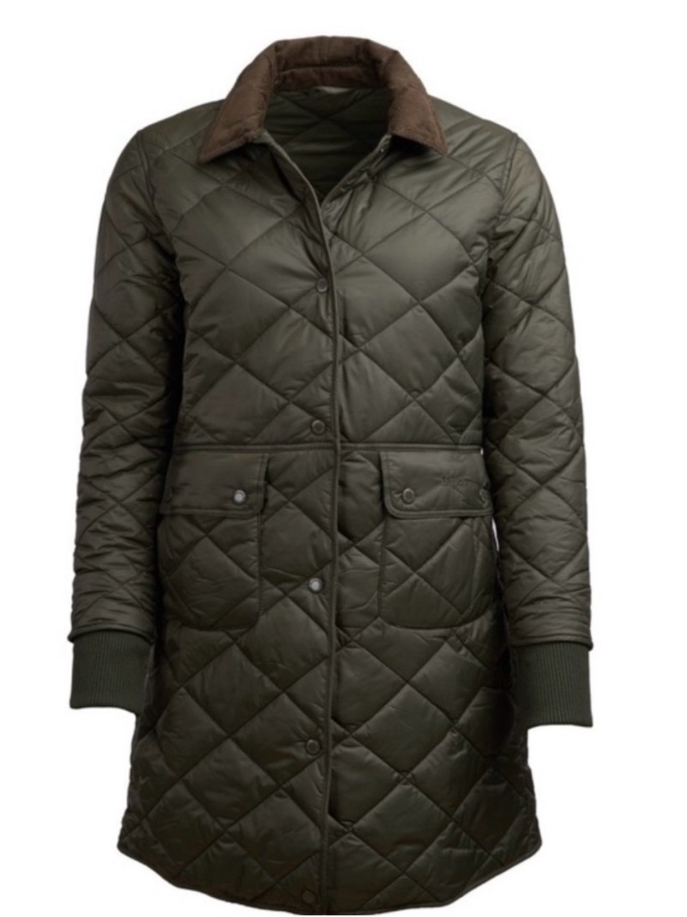 Barbour Olive Green Quilted Long Coat with Brown Corduroy Collar